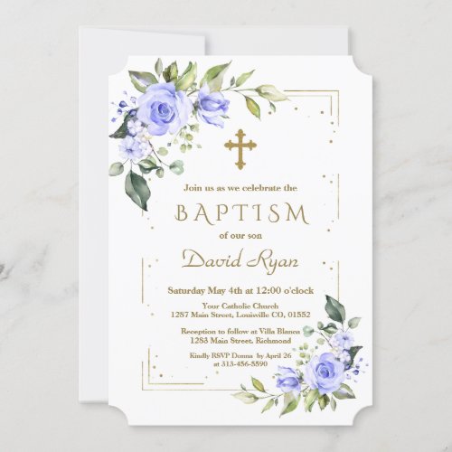 Luxury Blue Flowers Gold Glitter Boy Baptism Invitation