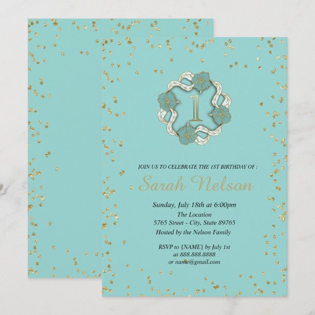Luxury Blue Flowers Gold Glitter Party Invitation (Front/Back)