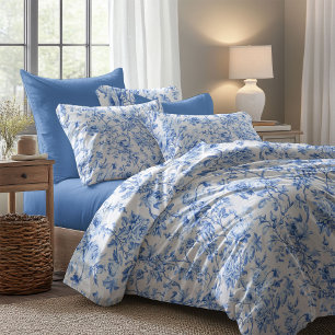 Luxury Blue French Toile Roses Floral Duvet Cover