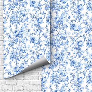 Luxury Blue French Toile Roses Floral Wallpaper