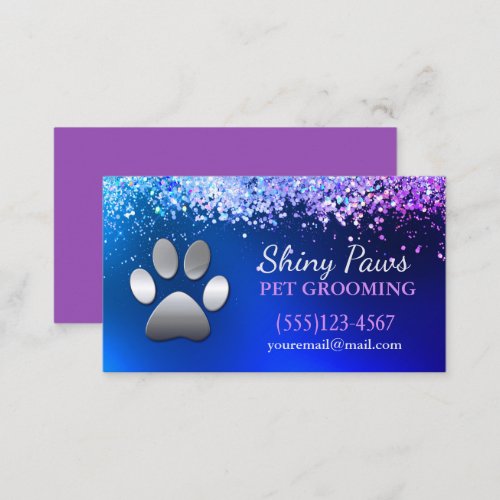 Luxury Blue Glitter Dog Paw Pet Grooming Service Business Card