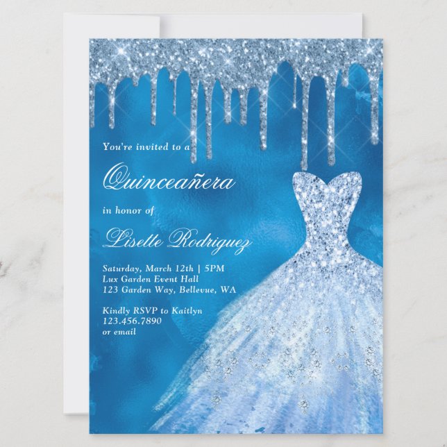 Luxury Blue Glitter Drips Quinceanera Invitation (Front)