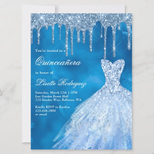 Luxury Blue Glitter Drips Quinceanera Invitation