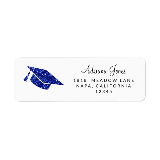 Luxury Blue Glitter Graduation Hat Return Address Label (Front)