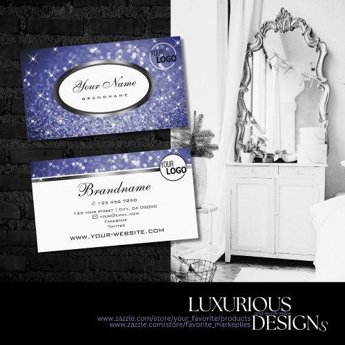 Luxury Blue Glitter Sparkle Shimmer Stars and Logo Business Card