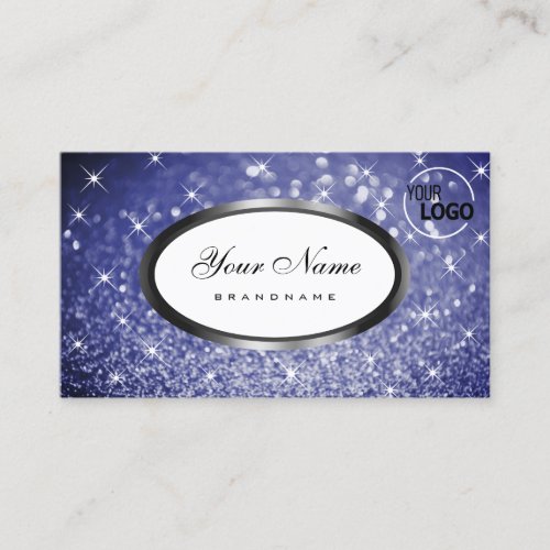 Luxury Blue Glitter Sparkle Stars Silver with Logo Business Card