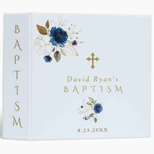 Luxury Blue Gold Floral Baptism Photo Album 3 Ring Binder