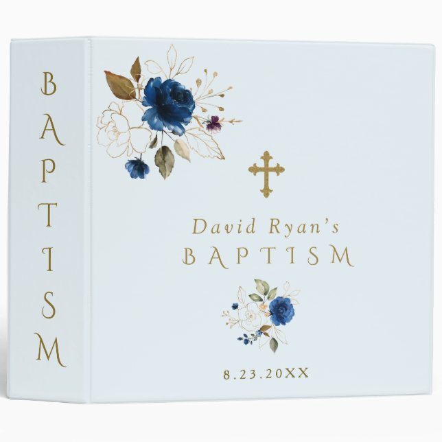 Luxury Blue Gold Floral Baptism Photo Album 3 Ring Binder (Front/Spine)