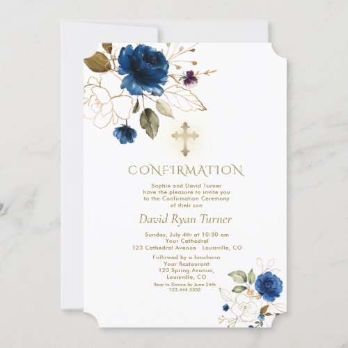 Luxury Blue Gold Floral Boy Confirmation Invitation