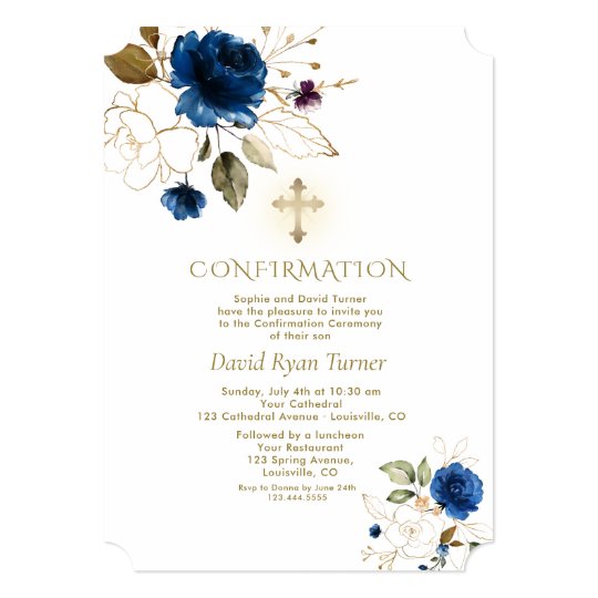 Luxury Blue Gold Floral Boy Confirmation Invitation | Zazzle.com