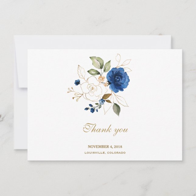 Luxury Blue Gold Floral Wedding Thank You Card (Front)