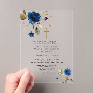 Luxury Blue Gold Flowers Boy Dedication Acrylic Invitations