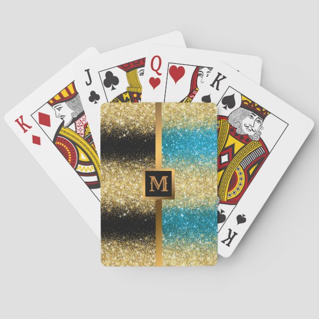 Luxury Blue Gold Glitter Poker Cards (Back)