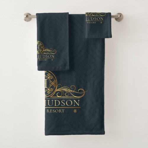 Luxury Blue Gold Hotel Monogrammed Bath Towel Set