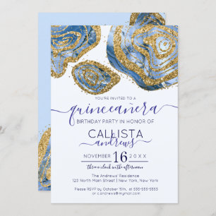 Luxury Blue Gold Marble Agate Glitter Quinceañera Invitation