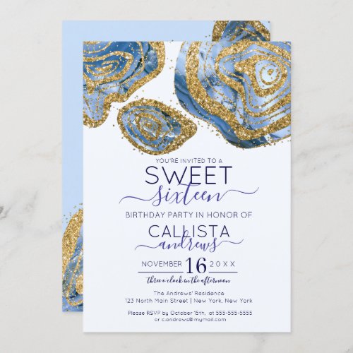 Luxury Blue Gold Marble Agate Glitter Sweet 16 Invitation