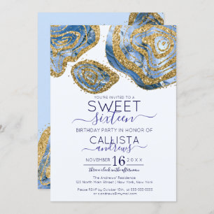 Luxury Blue Gold Marble Agate Glitter Sweet 16 Invitation