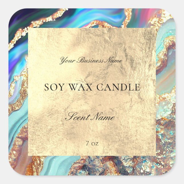 Luxury Blue Gold Marble Geode Pattern Candle Square Sticker (Front)
