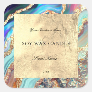 Luxury Blue Gold Marble Geode Pattern Candle Square Sticker