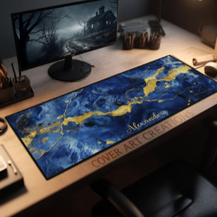 Luxury Blue Gold Marble Personalized Desk Mat