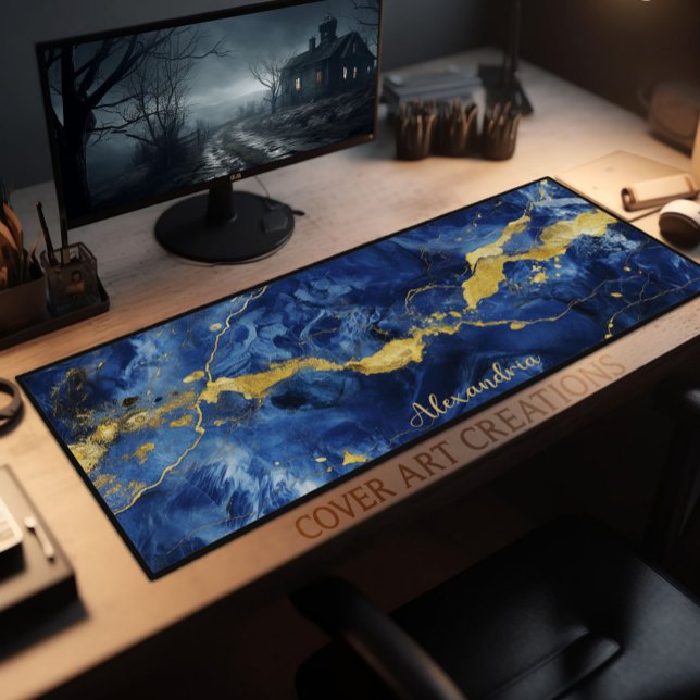 Luxury Blue Gold Marble Personalized Desk Mat (Creator Uploaded)