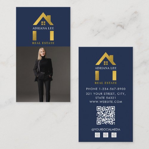 Luxury Blue Gold Photo Real Estate Agent QR Code Business Card