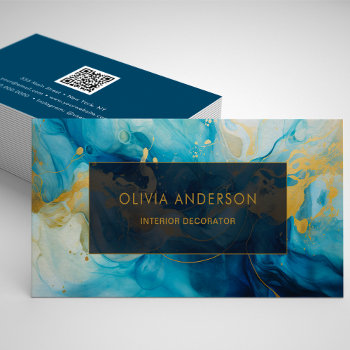 Luxury Blue Gold Qr Code Fashion Trendy Modern Business Card by MG_BusinessCards at Zazzle