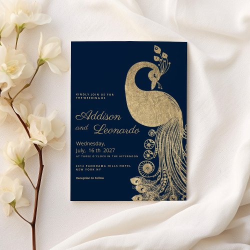 Luxury blue gold royal peacock elegant Wedding Invitation