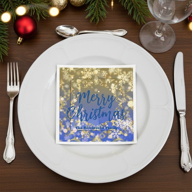 Luxury Blue Gold Snowflake Winter Holiday Party Napkins (Creator Uploaded)