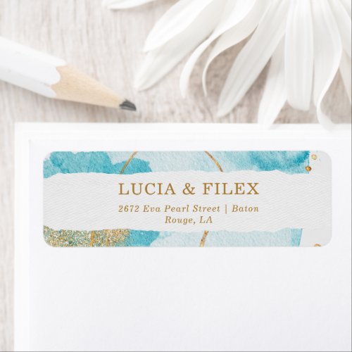 Luxury Blue Gold Watercolor Abstract Address Label