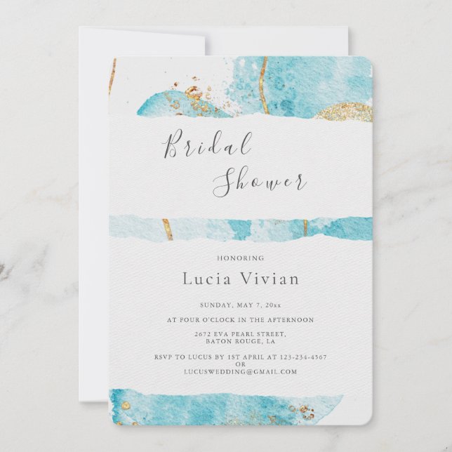 Luxury Blue Gold Watercolor Abstract Bridal Shower Invitation (Front)