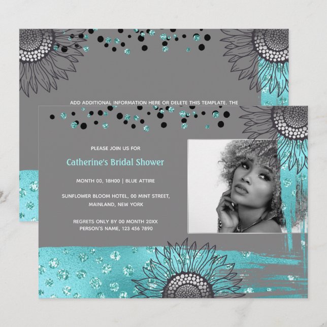 Luxury blue gray modern sunflower foil shimmer invitation (Front/Back)