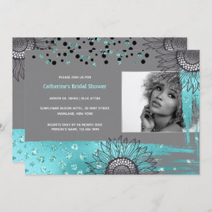 Luxury blue gray modern sunflower foil shimmer invitation