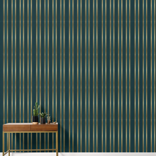 Luxury Blue Green Gold Stripe Wallpaper Pattern (Hallway)