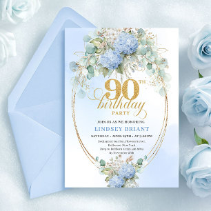 Luxury Blue Hydrangeas Gold 90th Birthday Invites