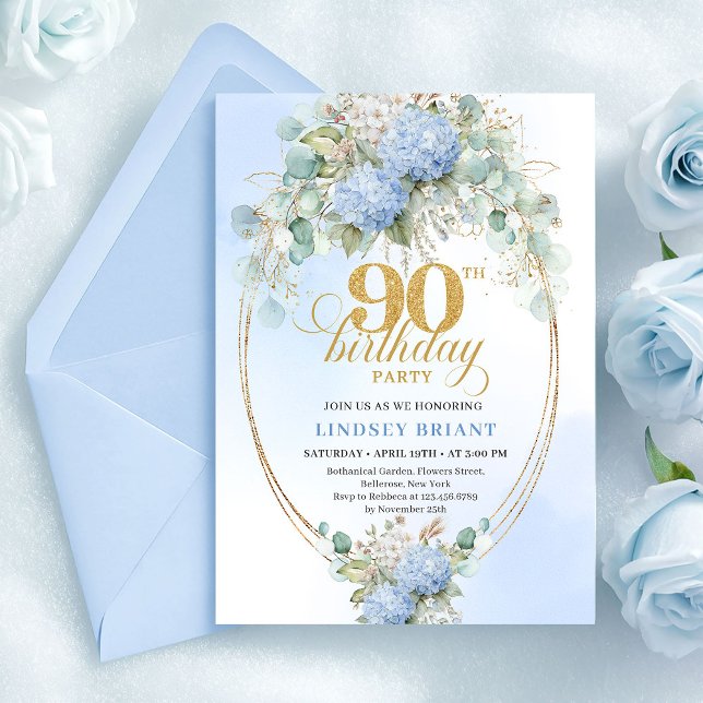 Luxury Blue Hydrangeas Gold 90th Birthday Invites (Luxury Blue Hydrangeas Gold 90th Birthday Invitation)