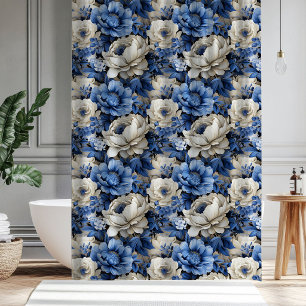 Luxury Blue Ivory Floral Elegant Bath Shower  Curtain