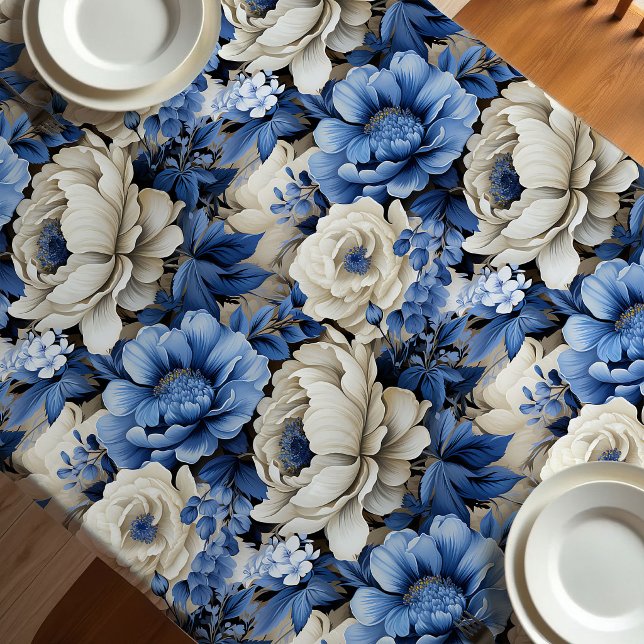 Luxury Blue Ivory Floral Elegant Dining Tablecloth (Luxury Blue Ivory Floral Elegant Dining Tablecloth)