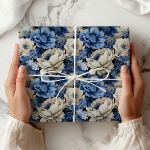 Luxury Blue Ivory Floral Elegant Gift Wrapping Paper
