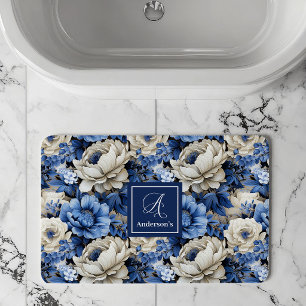 Luxury Blue Ivory Flowers Personalized Bath Mat