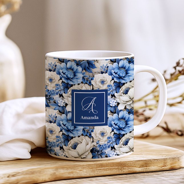 Luxury Blue Ivory Flowers Personalized Coffee Mug (Luxury Blue Ivory Flowers Personalized Coffee Mug)