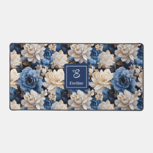 Luxury Blue Ivory Flowers Personalized Desk Mat