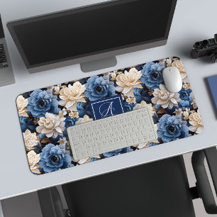 Luxury Blue Ivory Flowers Personalized Desk Mat