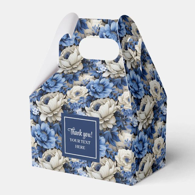 Luxury Blue Ivory Flowers Personalized Favor Box (Stylish Navy Flowers Custom Name Floral Favor Box)