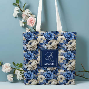 Luxury Blue Ivory Flowers Personalized Tote Bag