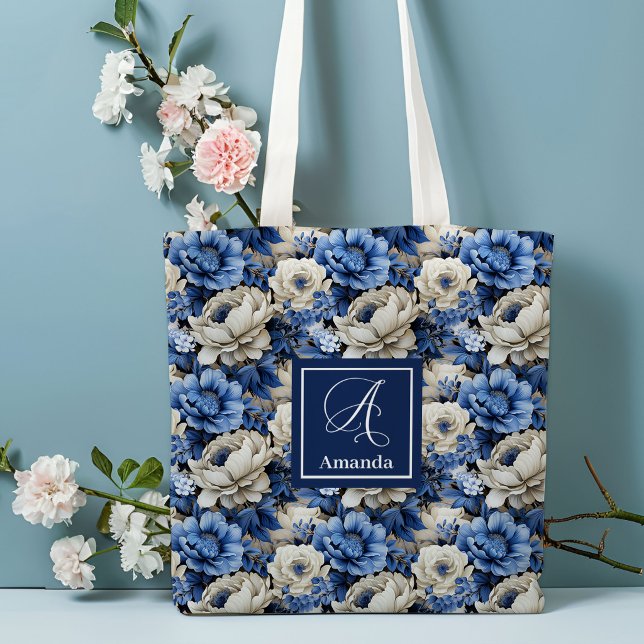 Luxury Blue Ivory Flowers Personalized Tote Bag (Luxury Blue Ivory Flowers Personalized Tote Bag)