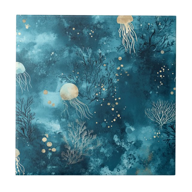 Luxury Blue Jellyfish Coral Ocean Pattern Ceramic Tile (Front)