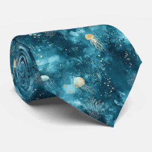 Luxury Blue Jellyfish Coral Ocean Pattern Neck Tie