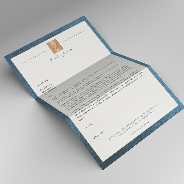Luxury blue leather frame gold monogram business letterhead (Creator Uploaded)