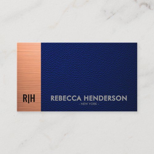 Luxury Blue Leather with Copper Accent Monogram  Business Card